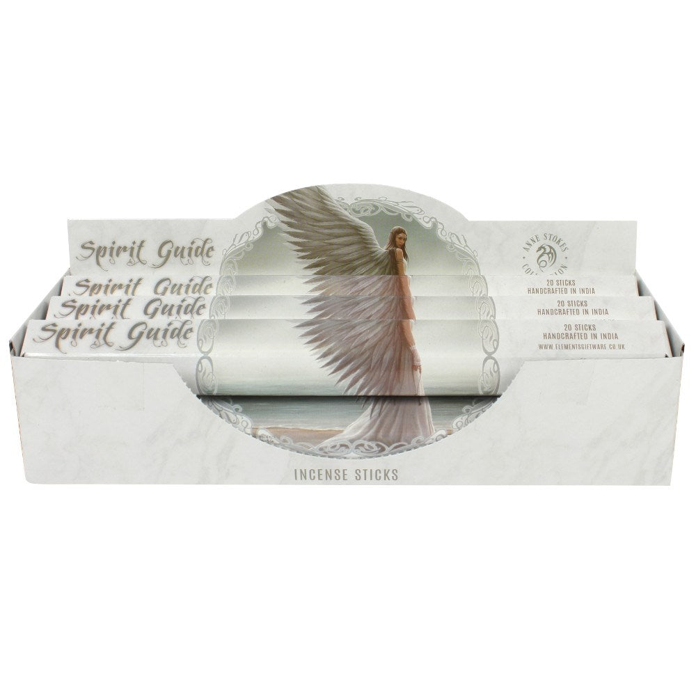 A retail counter display box filled with individual packs of Elements Spirit Guide incense sticks against a clean white background, showcasing the elegant white and grey angelic themed design featuring a central angel wing illustration to inspire a peaceful home sanctuary.