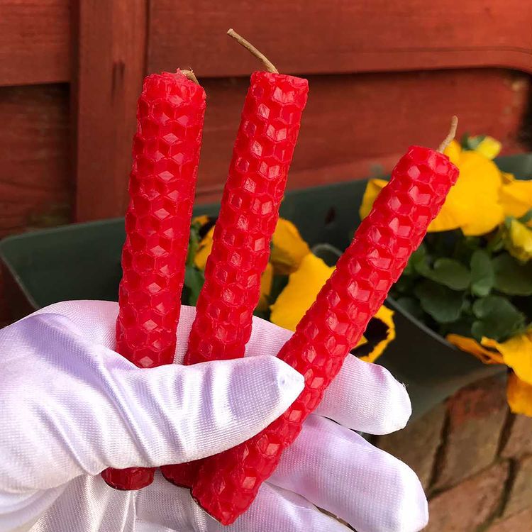 A close-up view of three red honeycomb beeswax spell candles held upright in a white gloved hand outdoors. The hand holds the rolled textured candles firmly against a backdrop of outdoor wooden panelling and yellow garden flowers to welcome warm waves of courage and Root chakra alignment.