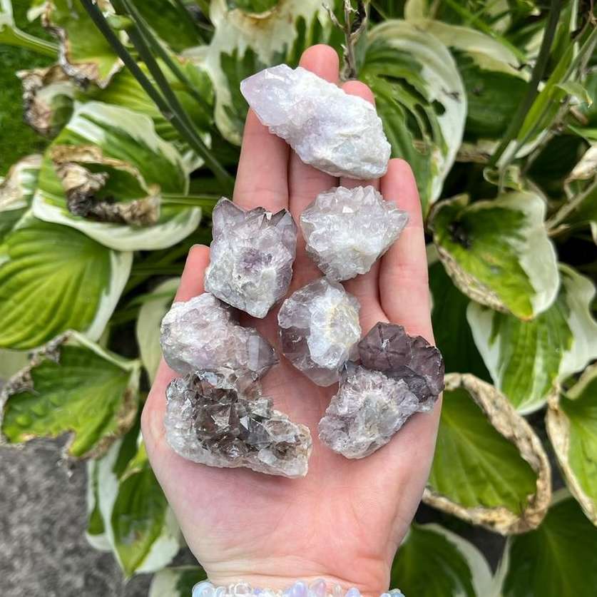 An open palm cradling a group of mini raw Spirit Quartz clusters outdoors. The prickly, crusty specimens showcase tiny lilac, cream, and faint amethyst points layered over a bumpy mineral structure, shot against a background of green garden hosta leaves to invite Crown Chakra clarity and spiritual growth.