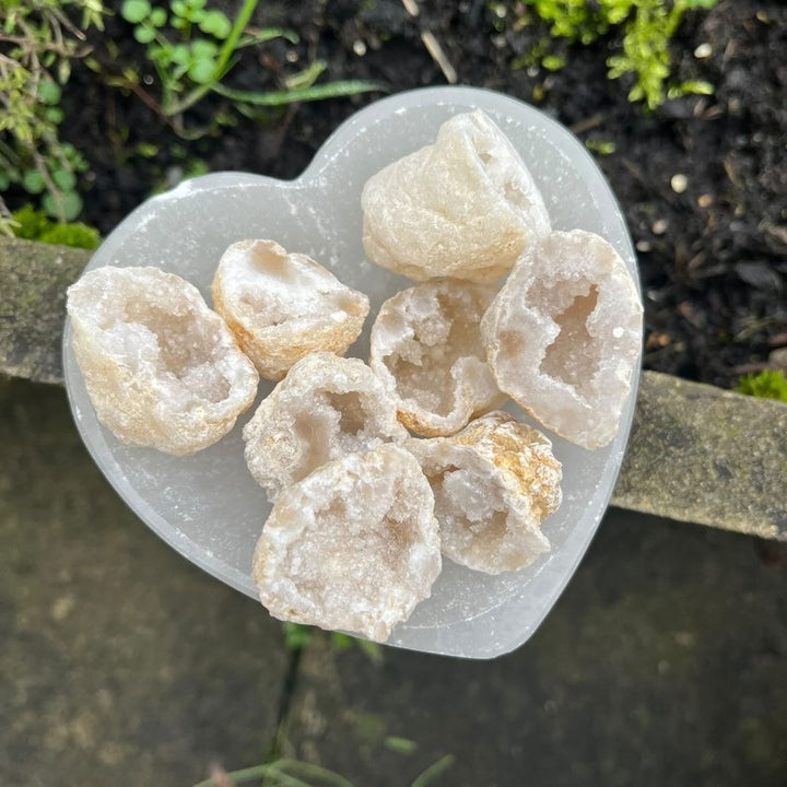 A collection of mini white quartz raw geodes gathered inside a translucent white Selenite heart bowl outdoors, showcasing their rough textured outer shells and glittering snowy interior crystal clusters.