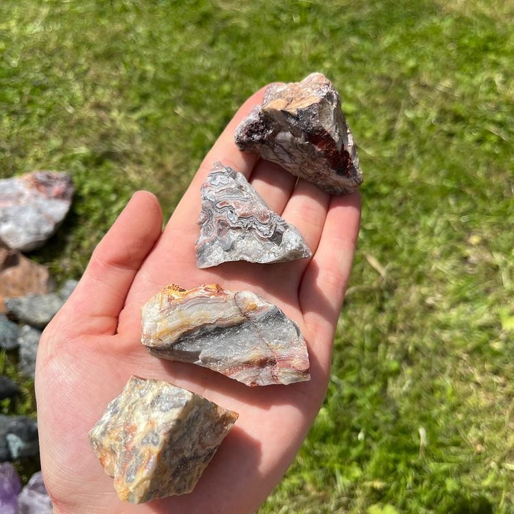 An open hand cradling four small raw crazy lace agate crystal specimens outdoors, showcasing their rugged textures and swirling ribbons of cream, amber, and grey under bright natural sunlight over a green garden lawn for Solar Plexus Chakra alignment.