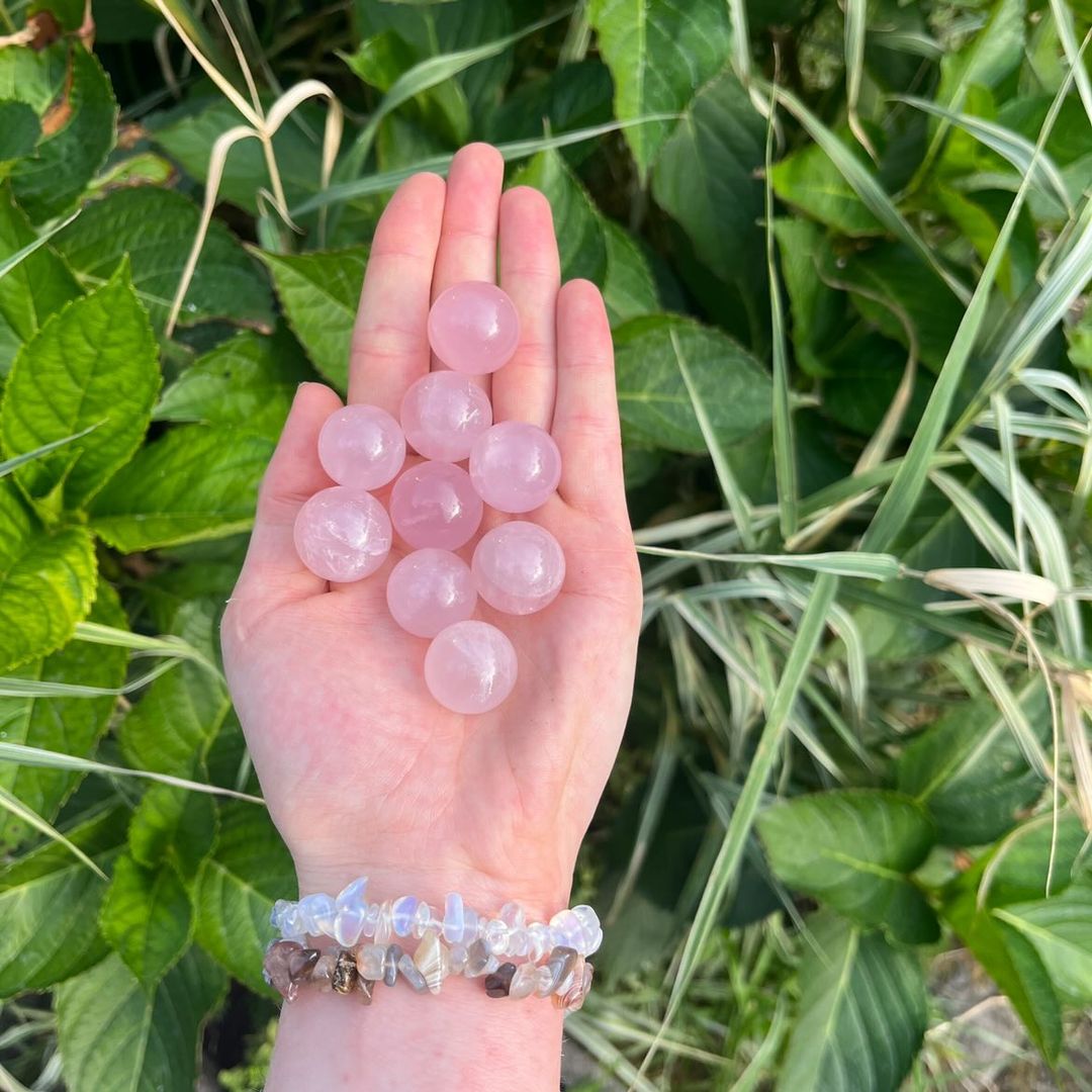 An open hand wearing stacked crystal chip bracelets holding nine polished rose quartz mini spheres outdoors, showcasing their smooth round shape, translucent cloudy pink tones, and compact 1cm to 2cm sizing scale against a lush backdrop of green garden foliage for Heart Chakra alignment.