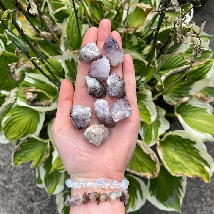 A front perspective looking down at a hand holding several small raw Spirit Quartz crystal clusters. The layout showcases the unique natural quirks and assorted weights of these delicate mineral structures, beautifully highlighted by a soft-focus background of summer greenery.