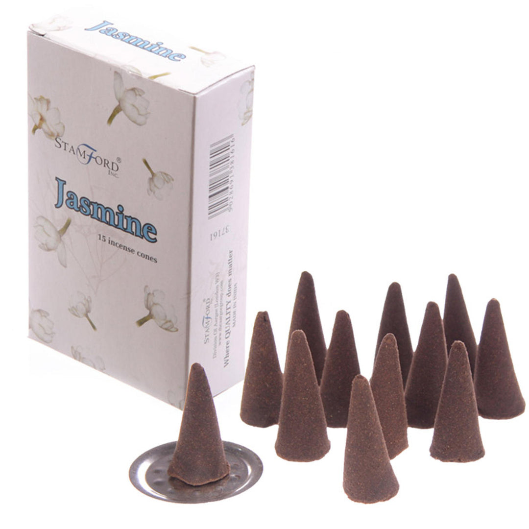 A pack of Stamford Jasmine incense cones showing a white rectangular product box with delicate floral illustrations, styled on a white background next to a cluster of dark brown aromatic cones and one cone resting on a small round metal burner dish.
